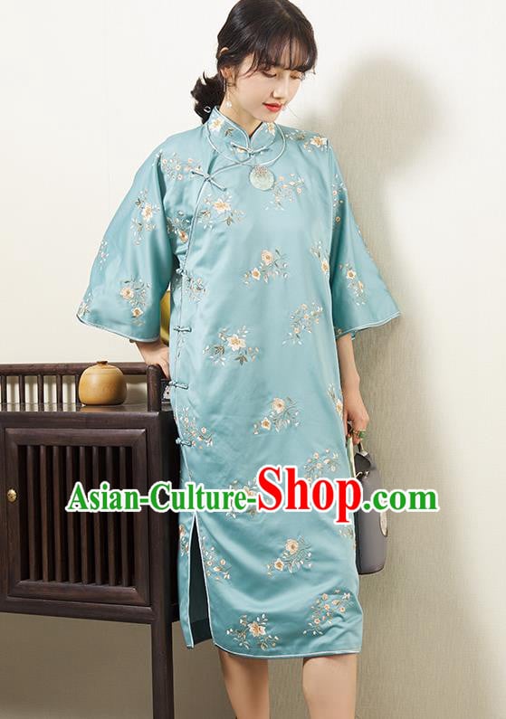 China Embroidered Light Blue Silk Qipao Dress Classical Cheongsam Traditional Women Clothing