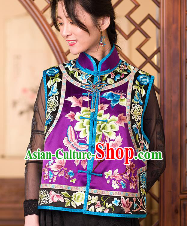 Chinese Classical Tang Suit Vest Upper Outer Garment Traditional Purple Silk Embroidered Waistcoat Costume Chinese Classical Tang Suit Vest Upper Outer Garment Traditional Purple Silk Embroidered Waistcoat Costume