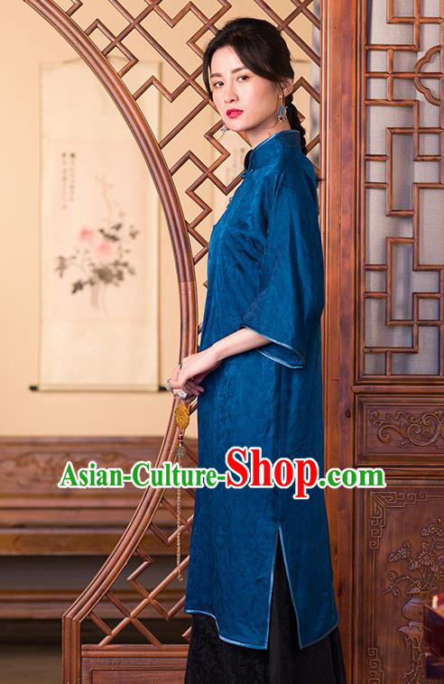 China Classical Cheongsam Traditional Women Clothing Deep Blue Silk Qipao Dress China Classical Cheongsam Traditional Women Clothing Deep Blue Silk Qipao Dress