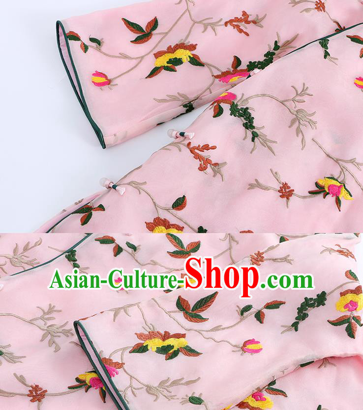 Traditional Chinese Tang Suit Upper Outer Garment Costume Classical Blouse Embroidered Pink Shirt