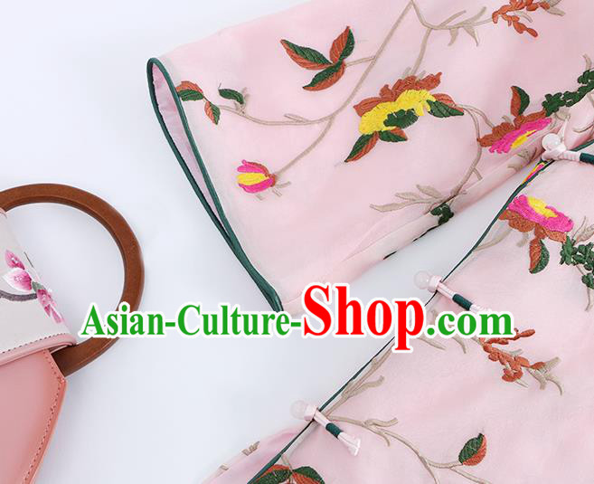 Traditional Chinese Tang Suit Upper Outer Garment Costume Classical Blouse Embroidered Pink Shirt