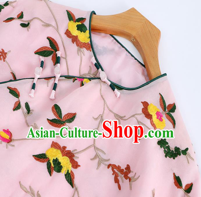 Traditional Chinese Tang Suit Upper Outer Garment Costume Classical Blouse Embroidered Pink Shirt