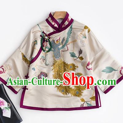 Traditional Costume Chinese Classical Blouse Tang Suit Upper Outer Garment Embroidered Phoenix White Silk Shirt