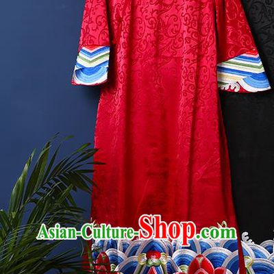 China Traditional Women Dress Classical Cheongsam Red Brocade Qipao Clothing