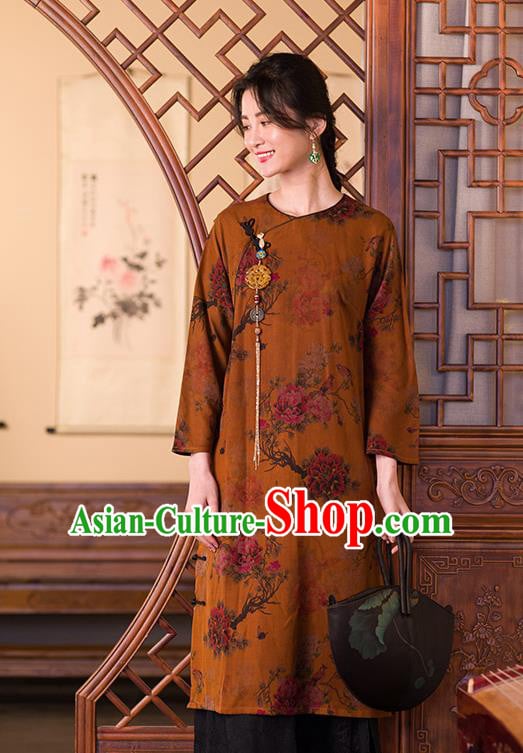China Traditional Classical Peony Pattern Cheongsam Women Clothing Ginger Silk Qipao Dress China Traditional Classical Peony Pattern Cheongsam Women Clothing Ginger Silk Qipao Dress