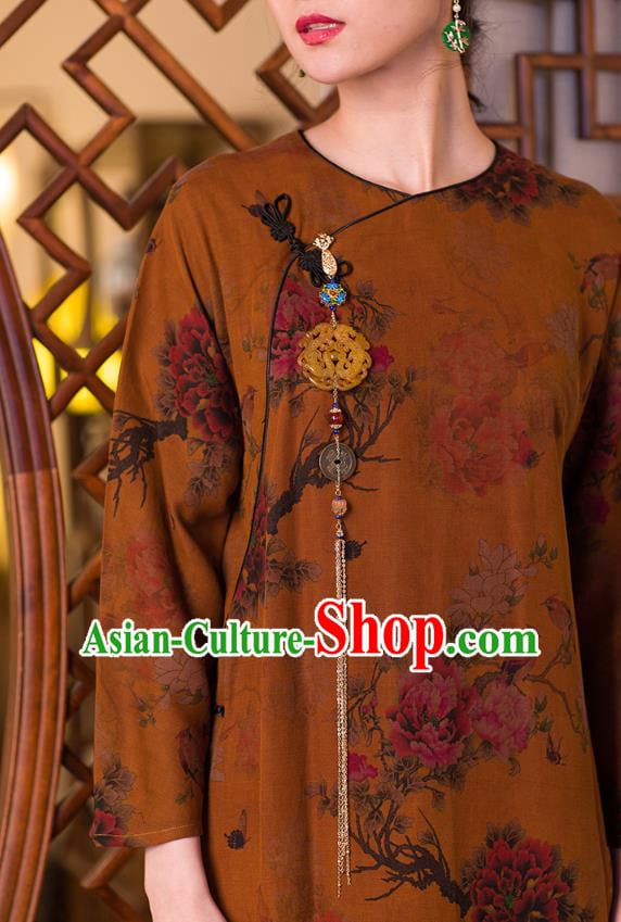 China Traditional Classical Peony Pattern Cheongsam Women Clothing Ginger Silk Qipao Dress China Traditional Classical Peony Pattern Cheongsam Women Clothing Ginger Silk Qipao Dress