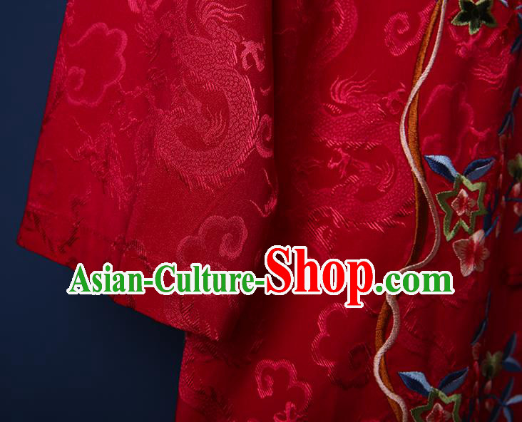 Chinese Embroidered Red Brocade Dust Coat Traditional National Costume Tang Suit Outer Garment Chinese Embroidered Red Brocade Dust Coat Traditional National Costume Tang Suit Outer Garment