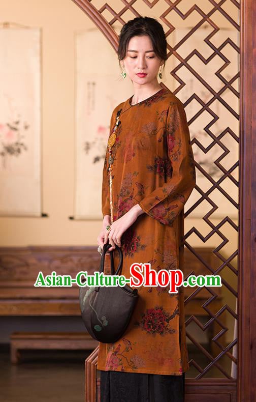 China Traditional Classical Peony Pattern Cheongsam Women Clothing Ginger Silk Qipao Dress China Traditional Classical Peony Pattern Cheongsam Women Clothing Ginger Silk Qipao Dress