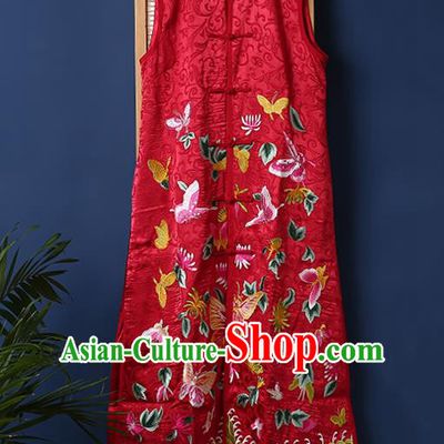 Chinese National Long Dress Traditional Costume Tang Suit Embroidered Butterfly Flowers Red Brocade Vest
