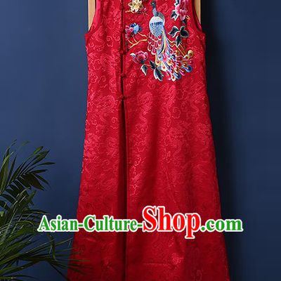 Chinese National Embroidered Phoenix Peony Long Dress Traditional Costume Tang Suit Red Brocade Cheongsam