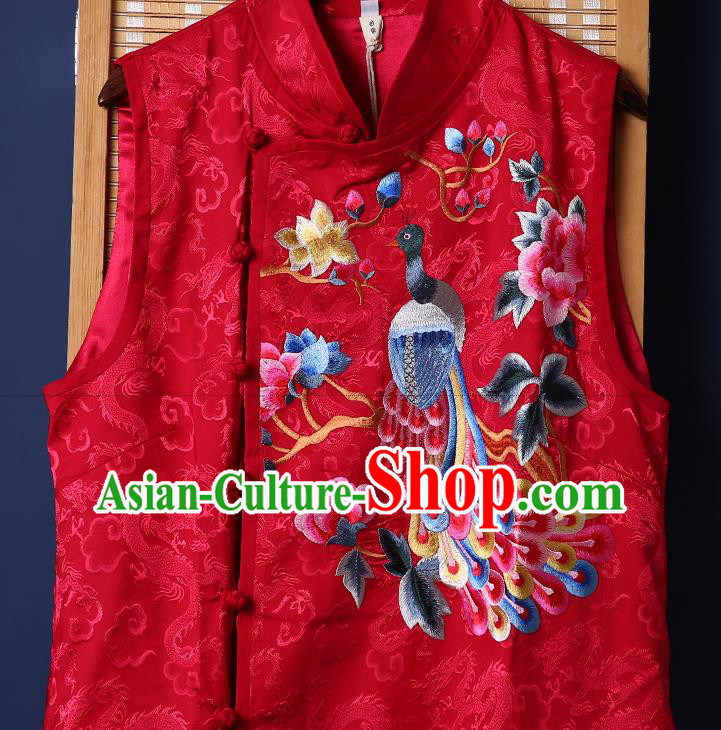 Chinese National Embroidered Phoenix Peony Long Dress Traditional Costume Tang Suit Red Brocade Cheongsam Chinese National Embroidered Phoenix Peony Long Dress Traditional Costume Tang Suit Red Brocade Cheongsam