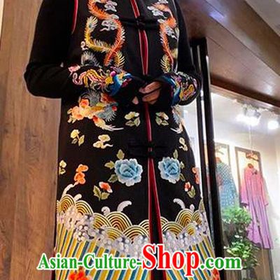 Chinese Tang Suit Dust Coat Embroidered Phoenix Peony Black Brocade Long Vest National Outer Garment