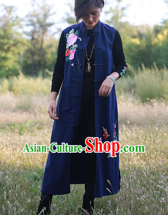 China Embroidered Navy Vest Qipao Clothing Traditional Women Dress Classical Cheongsam China Embroidered Navy Vest Qipao Clothing Traditional Women Dress Classical Cheongsam