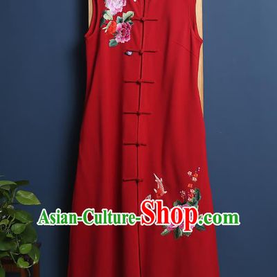 China Traditional Women Dress Classical Cheongsam Embroidered Red Vest Qipao Clothing