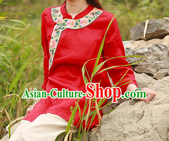 Chinese Tang Suit Embroidered Red Shirt National Upper Outer Garment Flax Costume Chinese Tang Suit Embroidered Red Shirt National Upper Outer Garment Flax Costume