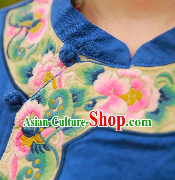 Chinese Tang Suit Blue Flax Blouse Costume Embroidered Shirt National Upper Outer Garment Chinese Tang Suit Blue Flax Blouse Costume Embroidered Shirt National Upper Outer Garment