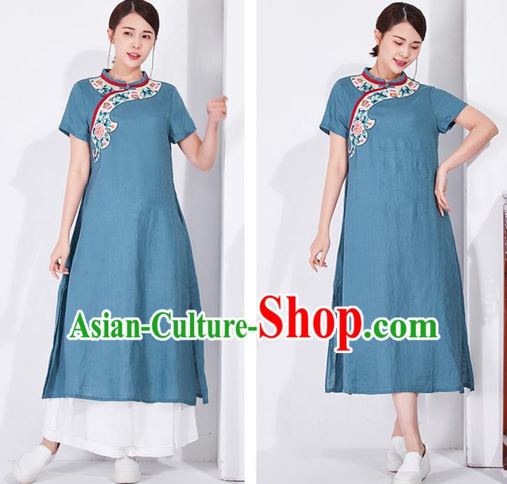 China Classical Blue Flax Cheongsam Traditional Women Dress Embroidered Qipao Clothing China Classical Blue Flax Cheongsam Traditional Women Dress Embroidered Qipao Clothing