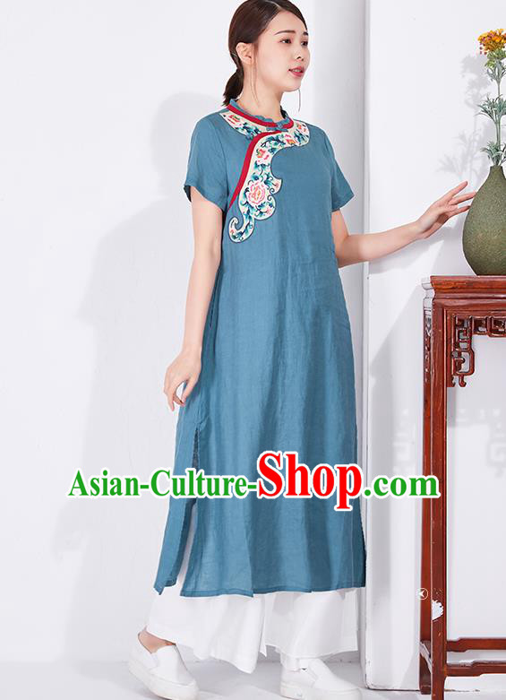 China Classical Blue Flax Cheongsam Traditional Women Dress Embroidered Qipao Clothing China Classical Blue Flax Cheongsam Traditional Women Dress Embroidered Qipao Clothing