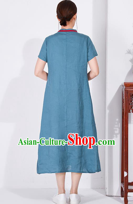 China Classical Blue Flax Cheongsam Traditional Women Dress Embroidered Qipao Clothing China Classical Blue Flax Cheongsam Traditional Women Dress Embroidered Qipao Clothing