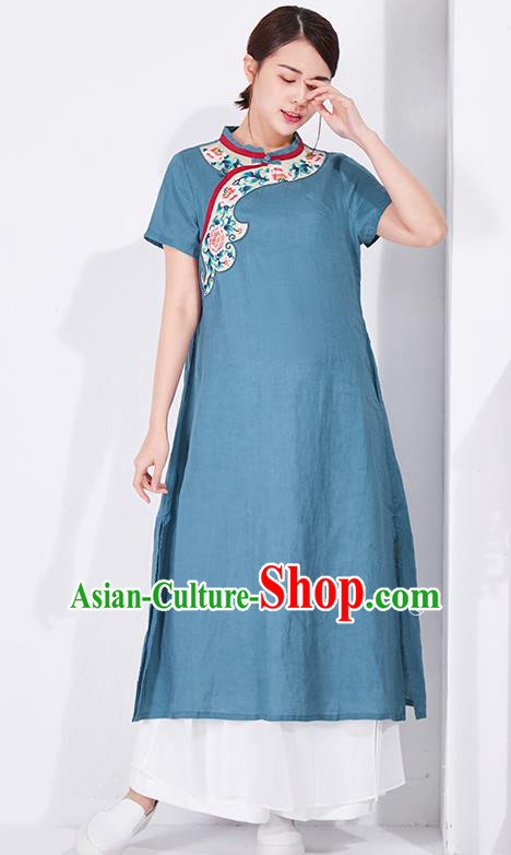 China Classical Blue Flax Cheongsam Traditional Women Dress Embroidered Qipao Clothing China Classical Blue Flax Cheongsam Traditional Women Dress Embroidered Qipao Clothing