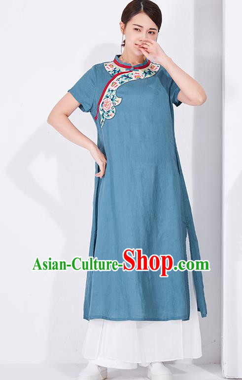 China Classical Blue Flax Cheongsam Traditional Women Dress Embroidered Qipao Clothing China Classical Blue Flax Cheongsam Traditional Women Dress Embroidered Qipao Clothing