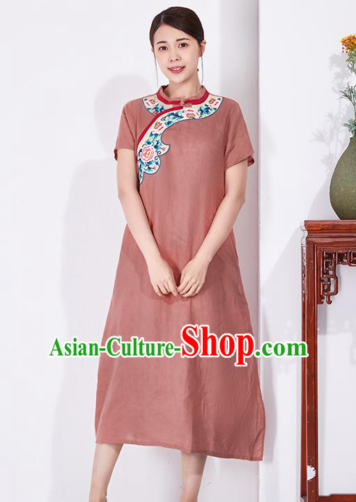 China Embroidered Qipao Clothing Traditional Women Dress Classical Rust Red Flax Cheongsam China Embroidered Qipao Clothing Traditional Women Dress Classical Rust Red Flax Cheongsam