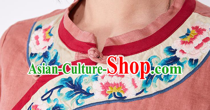 China Embroidered Qipao Clothing Traditional Women Dress Classical Rust Red Flax Cheongsam China Embroidered Qipao Clothing Traditional Women Dress Classical Rust Red Flax Cheongsam