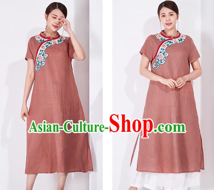 China Embroidered Qipao Clothing Traditional Women Dress Classical Rust Red Flax Cheongsam China Embroidered Qipao Clothing Traditional Women Dress Classical Rust Red Flax Cheongsam