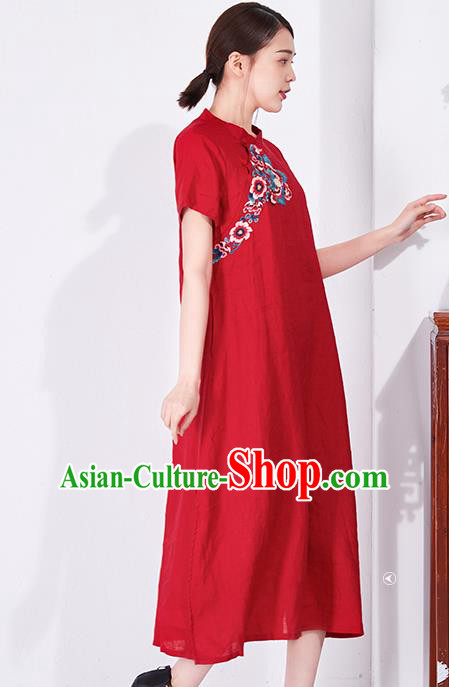 China National Qipao Clothing Traditional Women Dress Classical Embroidered Red Flax Cheongsam China National Qipao Clothing Traditional Women Dress Classical Embroidered Red Flax Cheongsam