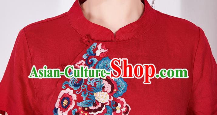 China National Qipao Clothing Traditional Women Dress Classical Embroidered Red Flax Cheongsam China National Qipao Clothing Traditional Women Dress Classical Embroidered Red Flax Cheongsam