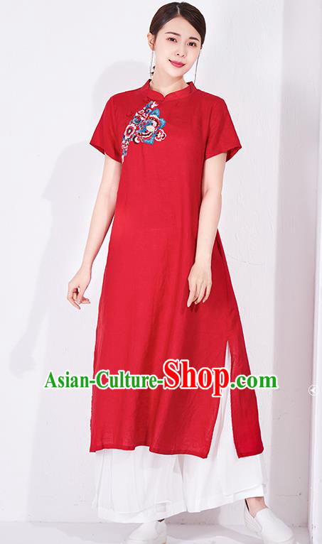 China National Qipao Clothing Traditional Women Dress Classical Embroidered Red Flax Cheongsam China National Qipao Clothing Traditional Women Dress Classical Embroidered Red Flax Cheongsam