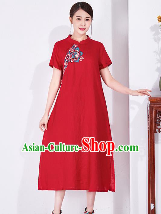 China National Qipao Clothing Traditional Women Dress Classical Embroidered Red Flax Cheongsam China National Qipao Clothing Traditional Women Dress Classical Embroidered Red Flax Cheongsam