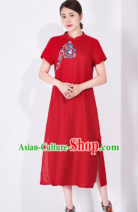 China National Qipao Clothing Traditional Women Dress Classical Embroidered Red Flax Cheongsam China National Qipao Clothing Traditional Women Dress Classical Embroidered Red Flax Cheongsam