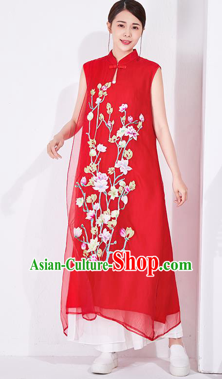 China Classical Embroidered Red Chiffon Cheongsam National Qipao Clothing Traditional Women Dress China Classical Embroidered Red Chiffon Cheongsam National Qipao Clothing Traditional Women Dress