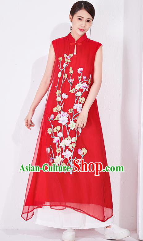 China Classical Embroidered Red Chiffon Cheongsam National Qipao Clothing Traditional Women Dress China Classical Embroidered Red Chiffon Cheongsam National Qipao Clothing Traditional Women Dress