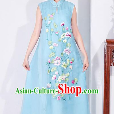 China Embroidered Blue Chiffon Cheongsam Traditional Women Classical Dress National Qipao Clothing