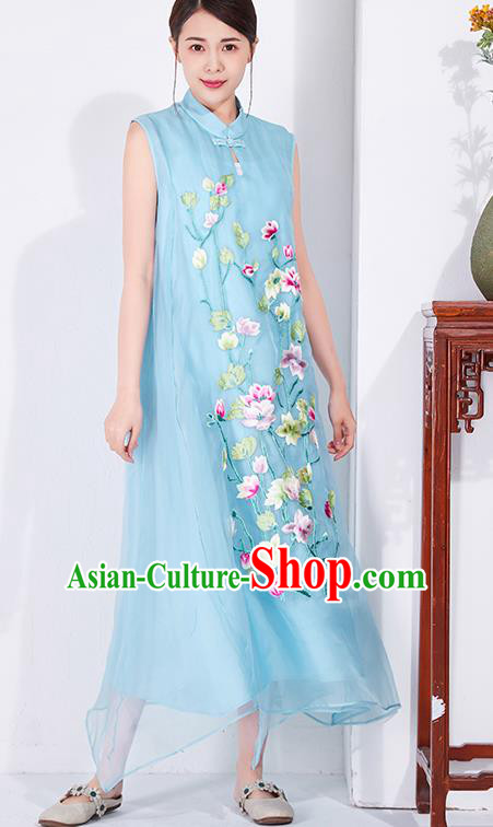 China Embroidered Blue Chiffon Cheongsam Traditional Women Classical Dress National Qipao Clothing China Embroidered Blue Chiffon Cheongsam Traditional Women Classical Dress National Qipao Clothing