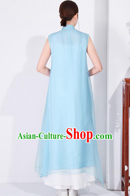 China Embroidered Blue Chiffon Cheongsam Traditional Women Classical Dress National Qipao Clothing China Embroidered Blue Chiffon Cheongsam Traditional Women Classical Dress National Qipao Clothing