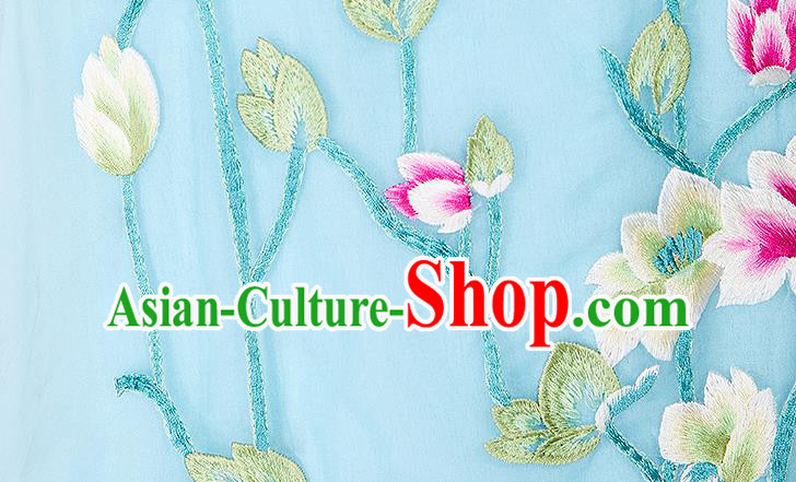 China Embroidered Blue Chiffon Cheongsam Traditional Women Classical Dress National Qipao Clothing China Embroidered Blue Chiffon Cheongsam Traditional Women Classical Dress National Qipao Clothing