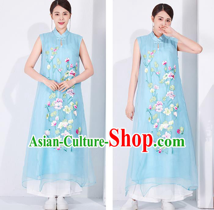 China Embroidered Blue Chiffon Cheongsam Traditional Women Classical Dress National Qipao Clothing China Embroidered Blue Chiffon Cheongsam Traditional Women Classical Dress National Qipao Clothing