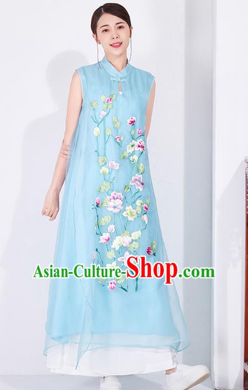 China Embroidered Blue Chiffon Cheongsam Traditional Women Classical Dress National Qipao Clothing China Embroidered Blue Chiffon Cheongsam Traditional Women Classical Dress National Qipao Clothing