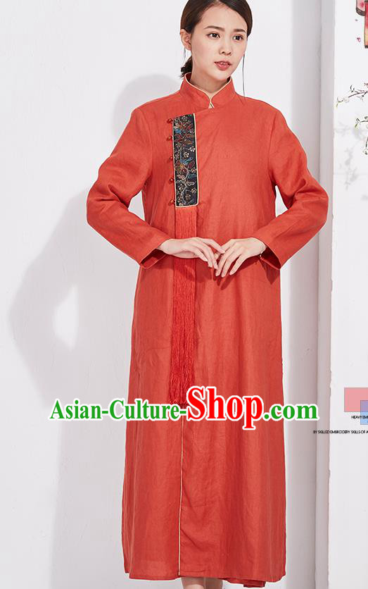 China Embroidered Rust Red Flax Cheongsam Traditional Women National Qipao Clothing Classical Dress China Embroidered Rust Red Flax Cheongsam Traditional Women National Qipao Clothing Classical Dress