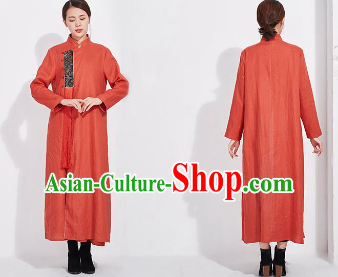 China Embroidered Rust Red Flax Cheongsam Traditional Women National Qipao Clothing Classical Dress China Embroidered Rust Red Flax Cheongsam Traditional Women National Qipao Clothing Classical Dress