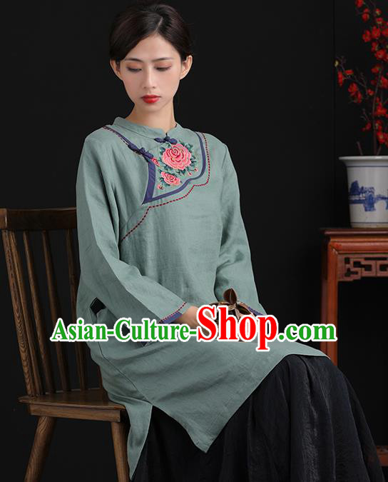 Chinese National Embroidered Green Flax Jacket Tang Suit Upper Outer Garment Women Blouse Costume Chinese National Embroidered Green Flax Jacket Tang Suit Upper Outer Garment Women Blouse Costume