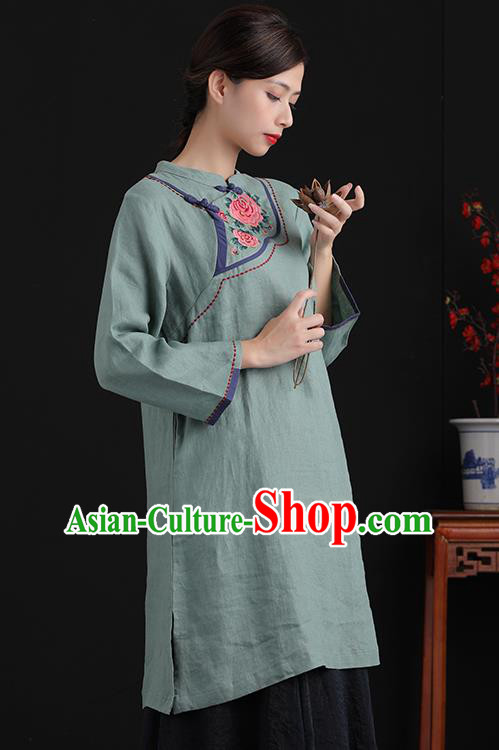 Chinese National Embroidered Green Flax Jacket Tang Suit Upper Outer Garment Women Blouse Costume Chinese National Embroidered Green Flax Jacket Tang Suit Upper Outer Garment Women Blouse Costume
