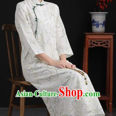 China Tang Suit National Qipao Traditional Women Classical Dress White Flax Cheongsam Tea Culture Clothing