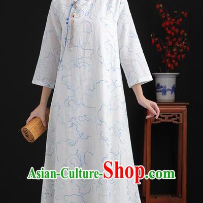 China National White Flax Cheongsam Traditional Women Classical Dress Tea Culture Clothing Tang Suit Embroidered Qipao
