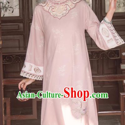 China Embroidered Pink Qipao Women Classical Dress Traditional Tang Suit Clothing National Wide Sleeve Cheongsam