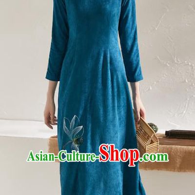 China National Hand Painting Lotus Blue Cheongsam Traditional Women Classical Dress Tea Culture Clothing Tang Suit Suede Fabric Qipao