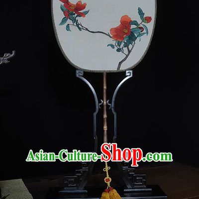 China Traditional Cheongsam Printing Red Flowers Fans Handmade Silk Palm Leaf Fan Bamboo Palace Fan